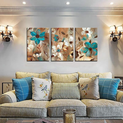 Pintura abstracta flores lienzo azul blanco enmarcada