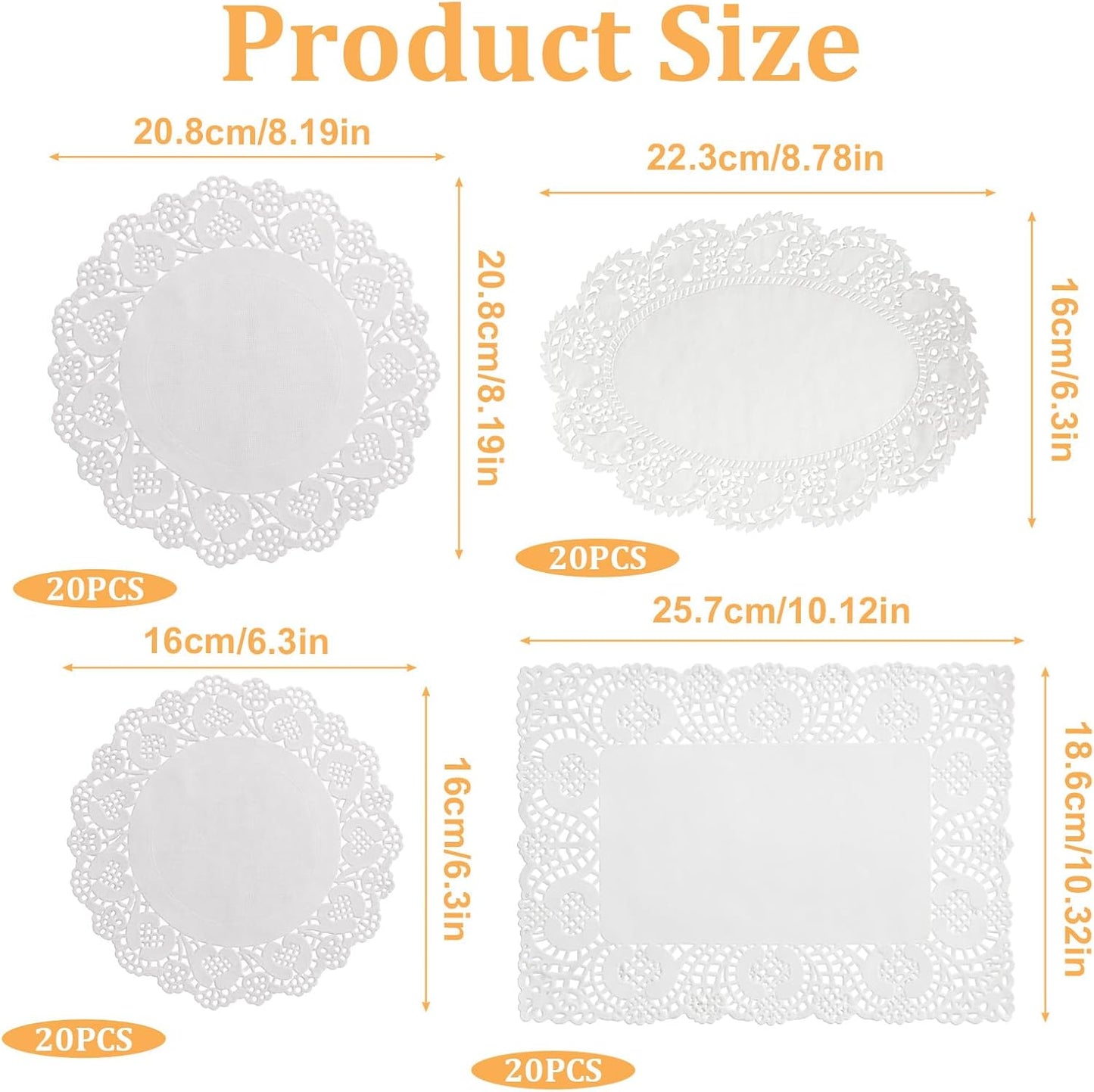 80 Pzas. Doilies de Papel Blanco Talla Variedad para Mesa Postre