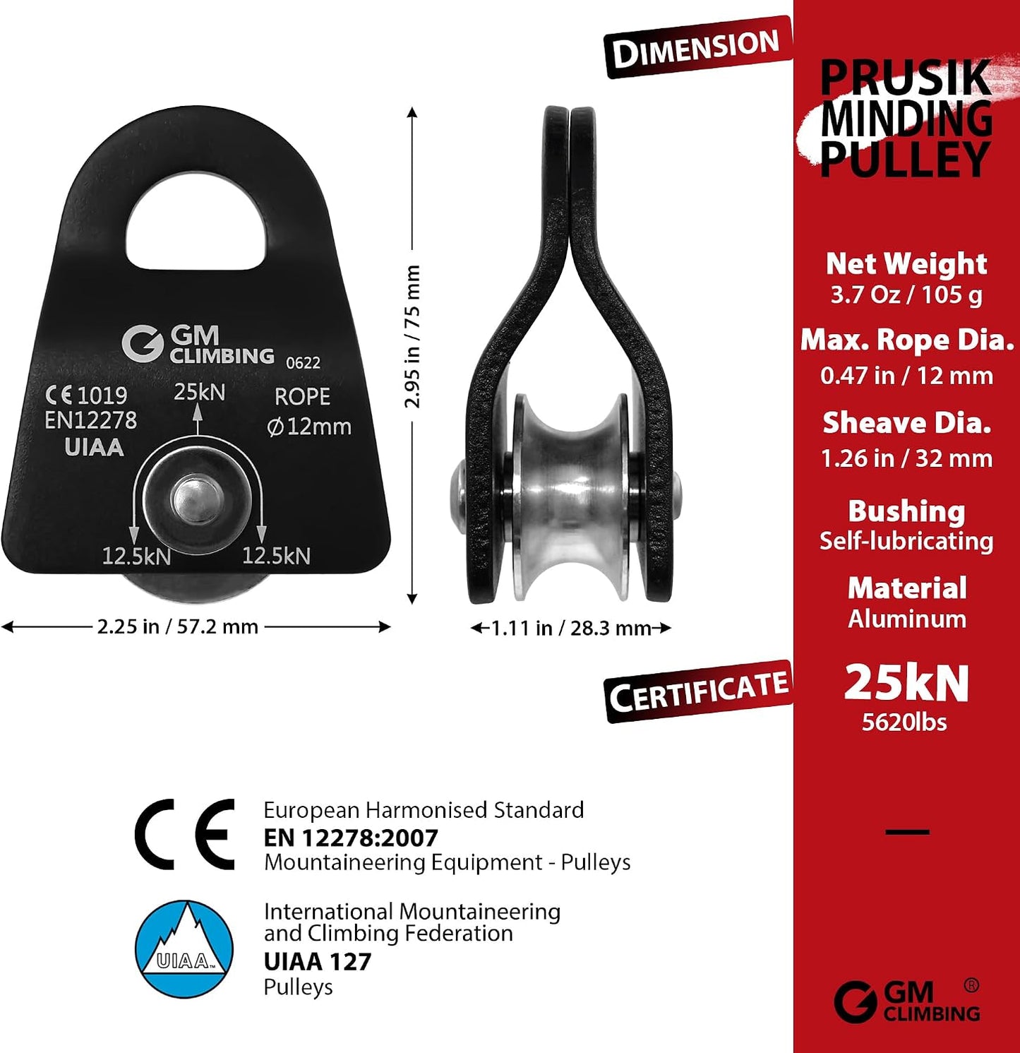 Polea móvil 25kN CE UIAA 0.472" para arborista