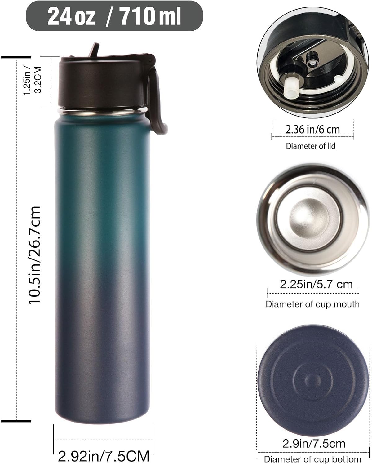 Botella agua aislada 24oz con popote 6 Pzas metal boca ancha