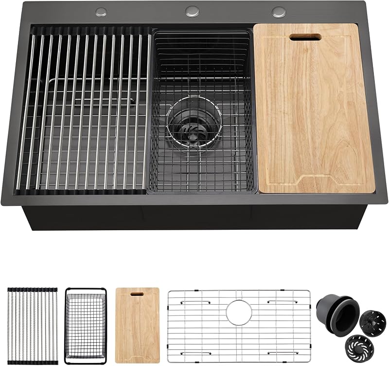 Fregadero cocina 33x22" estación trabajo 3 agujeros negro