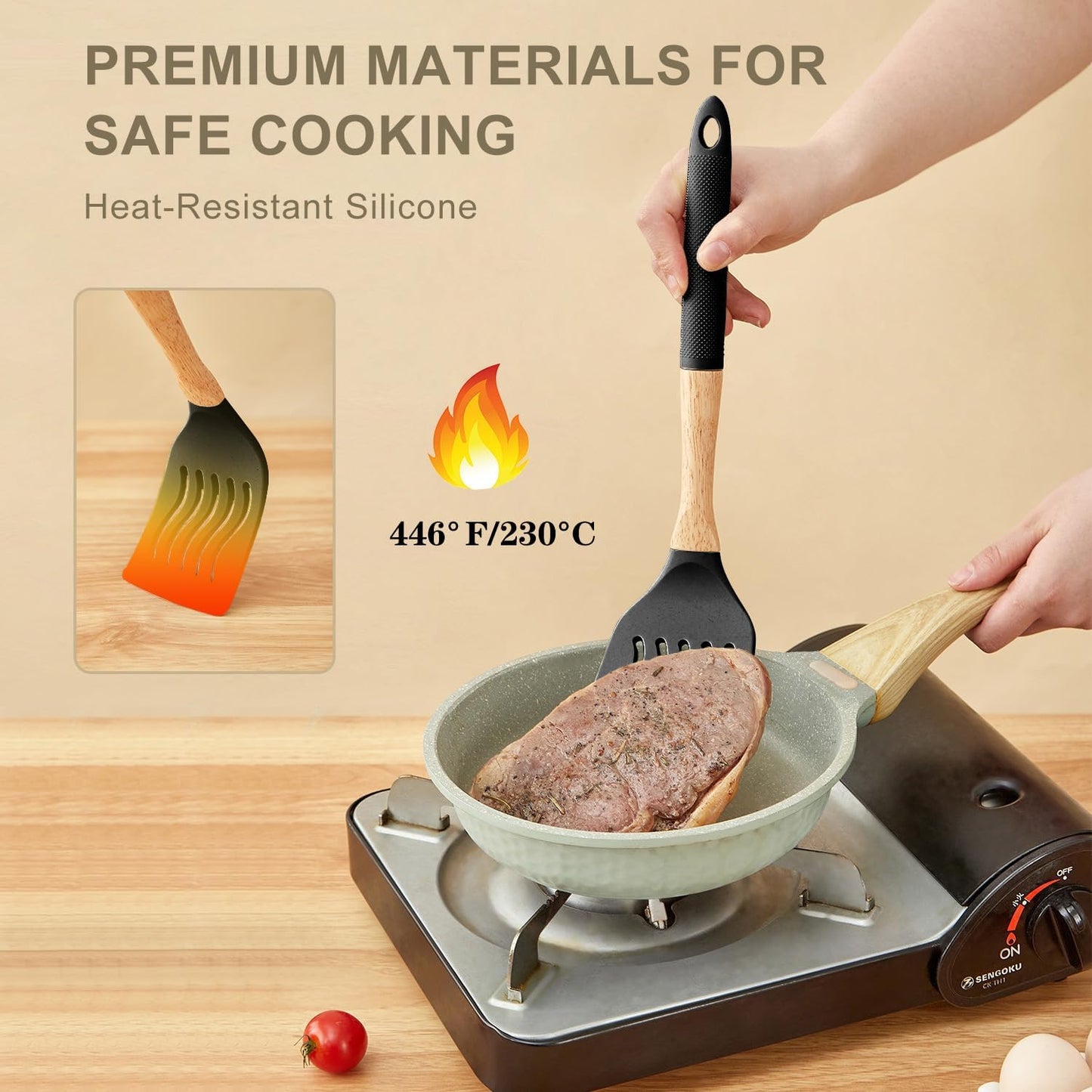 Set 7 Utensilios Silicona Antiadherentes con Soporte Negro