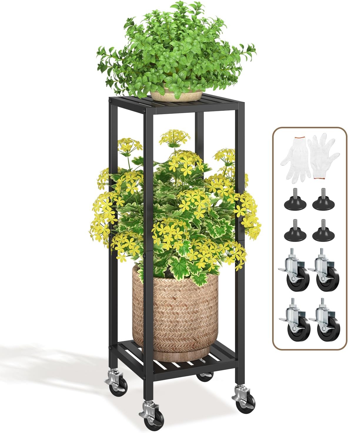 Soporte plantas hierro negro 2 niveles rueda para maceta