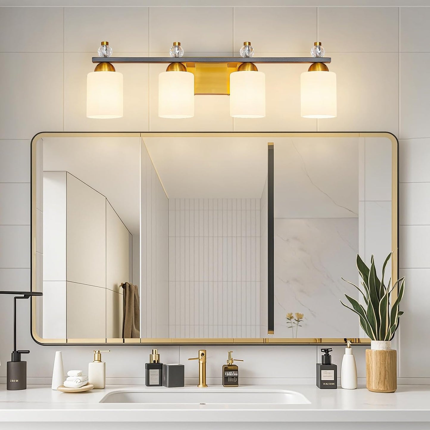 Lámpara baño vidrio blanco 4 luces modernas negro dorado