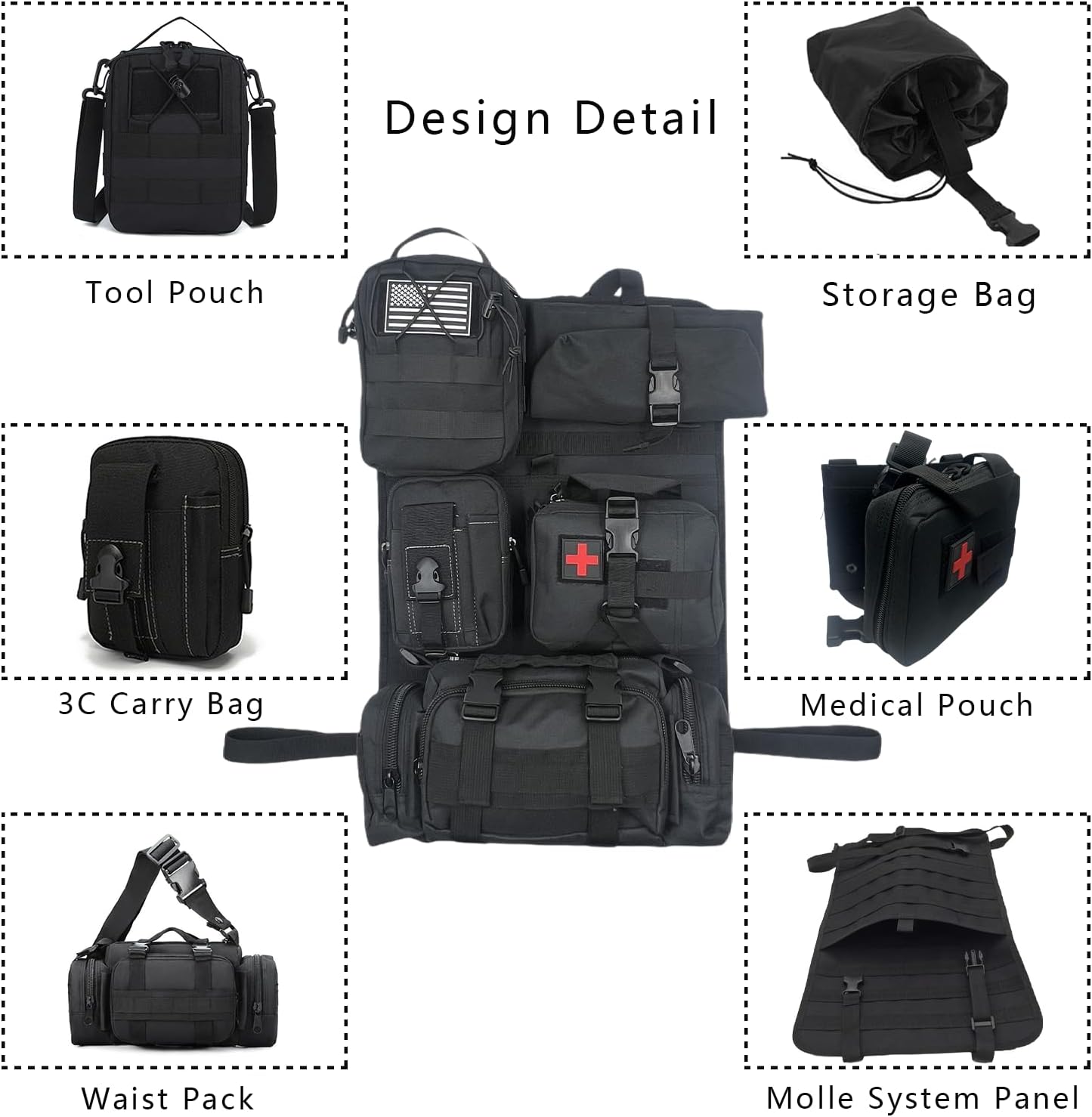 Organiz. respaldo asiento coche con 5 bolsas Molle negro