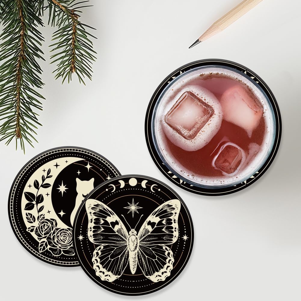 9 Posavasos Madera Patrón Lunas 3.9pulg Regalo Hogar