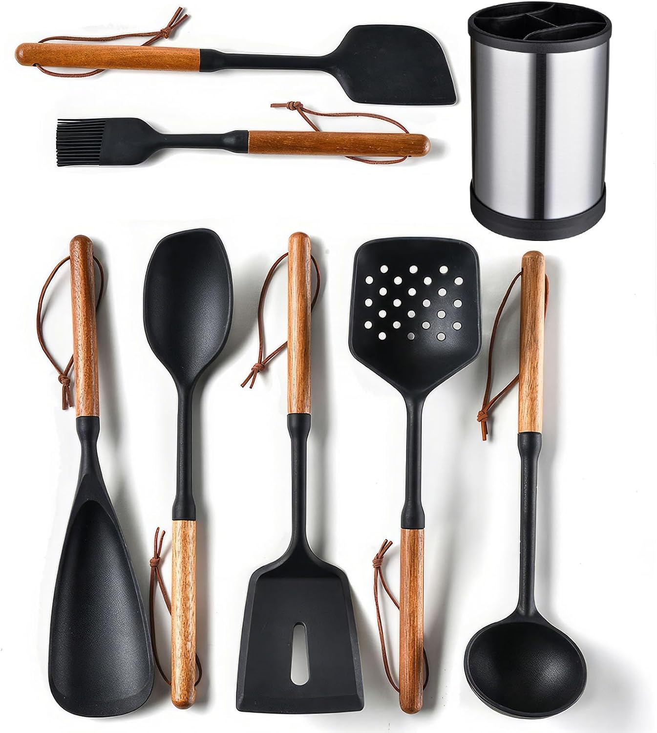 Set 8 Utensilios Cocina Silicona Asa Madera Soporte Antiadherente