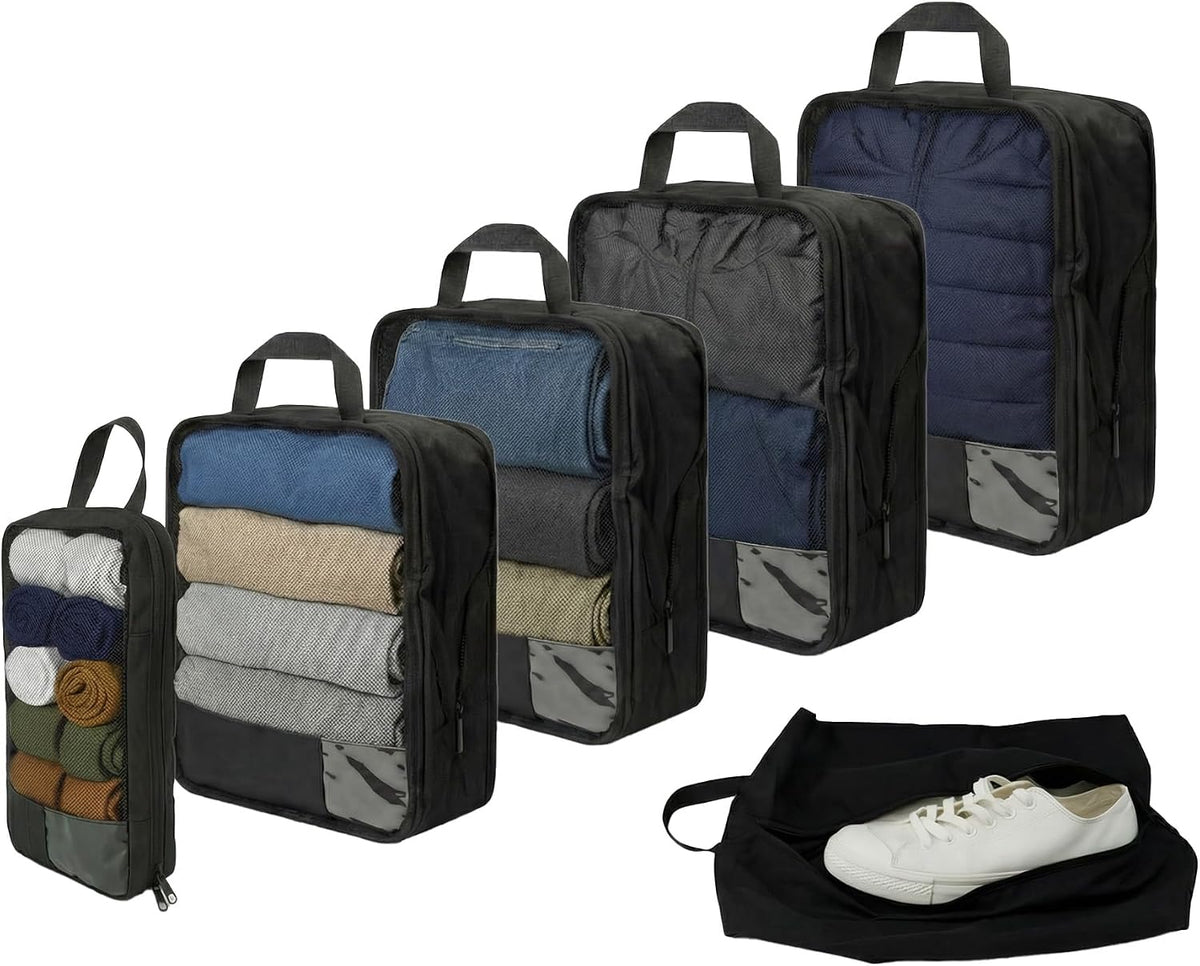 Set 6 Cubos Compresión Viaje con Bolsa Zapatos y Asa Negro