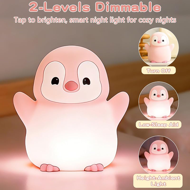 Luz nocturna pingüino rosa suave para niños y bebés