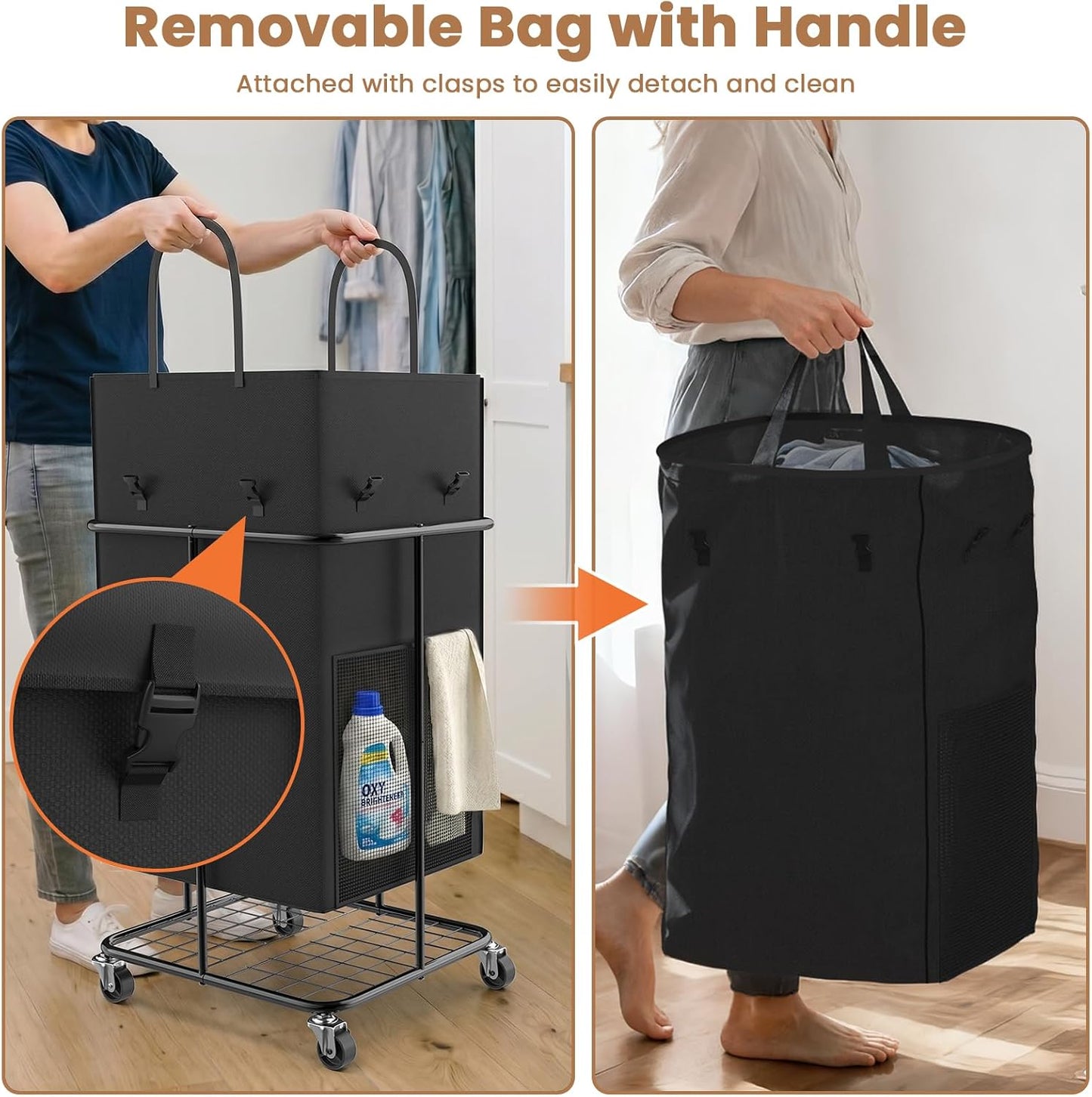Cesta 150L para ropa con ruedas y bolsa remov.