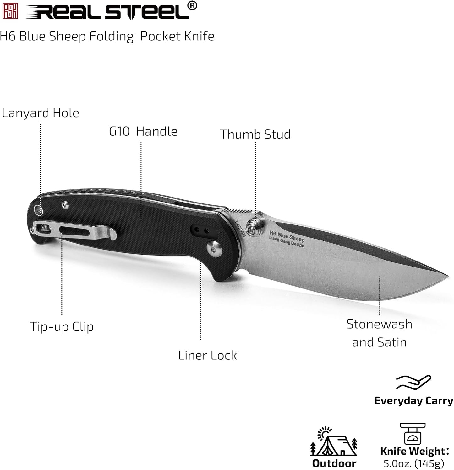 Cuchillo plegable EDC 3.74pulg hoja lavado de piedra G10