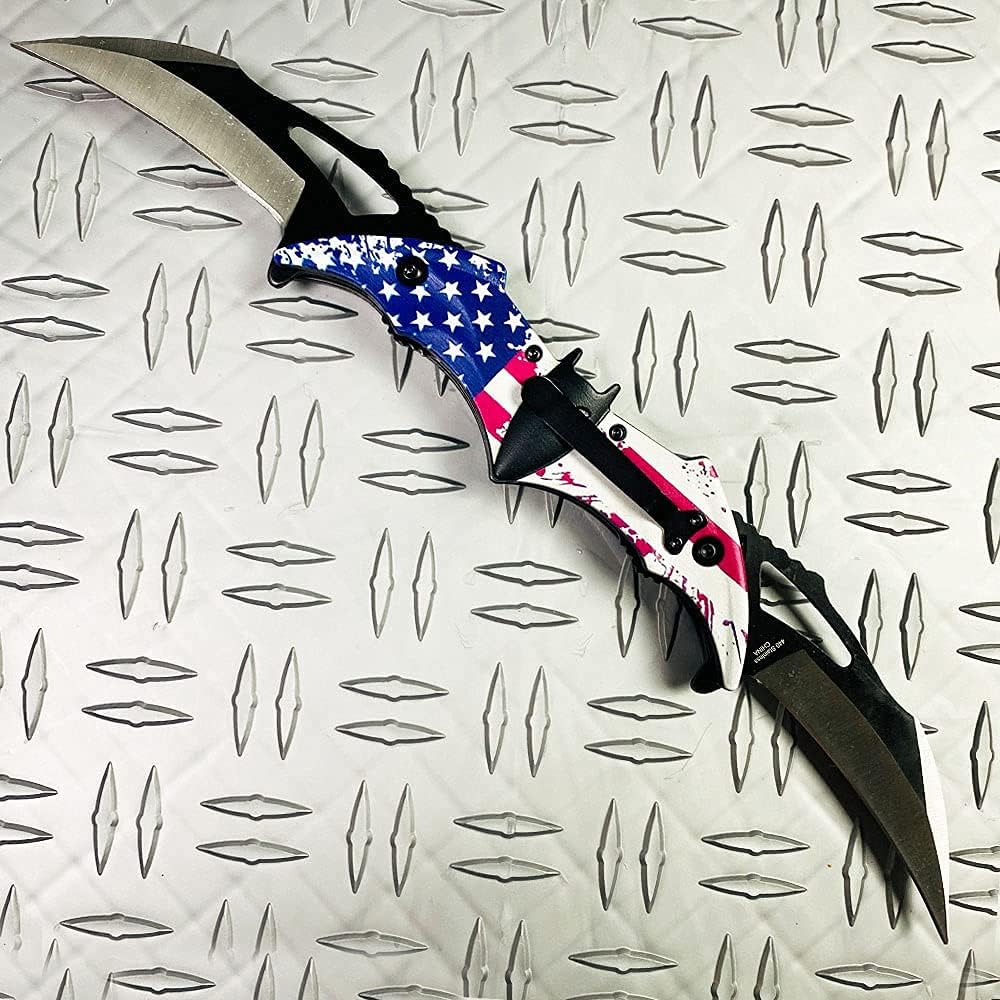 Cuchillo doble hoja plegable con clip cinturón bandera
