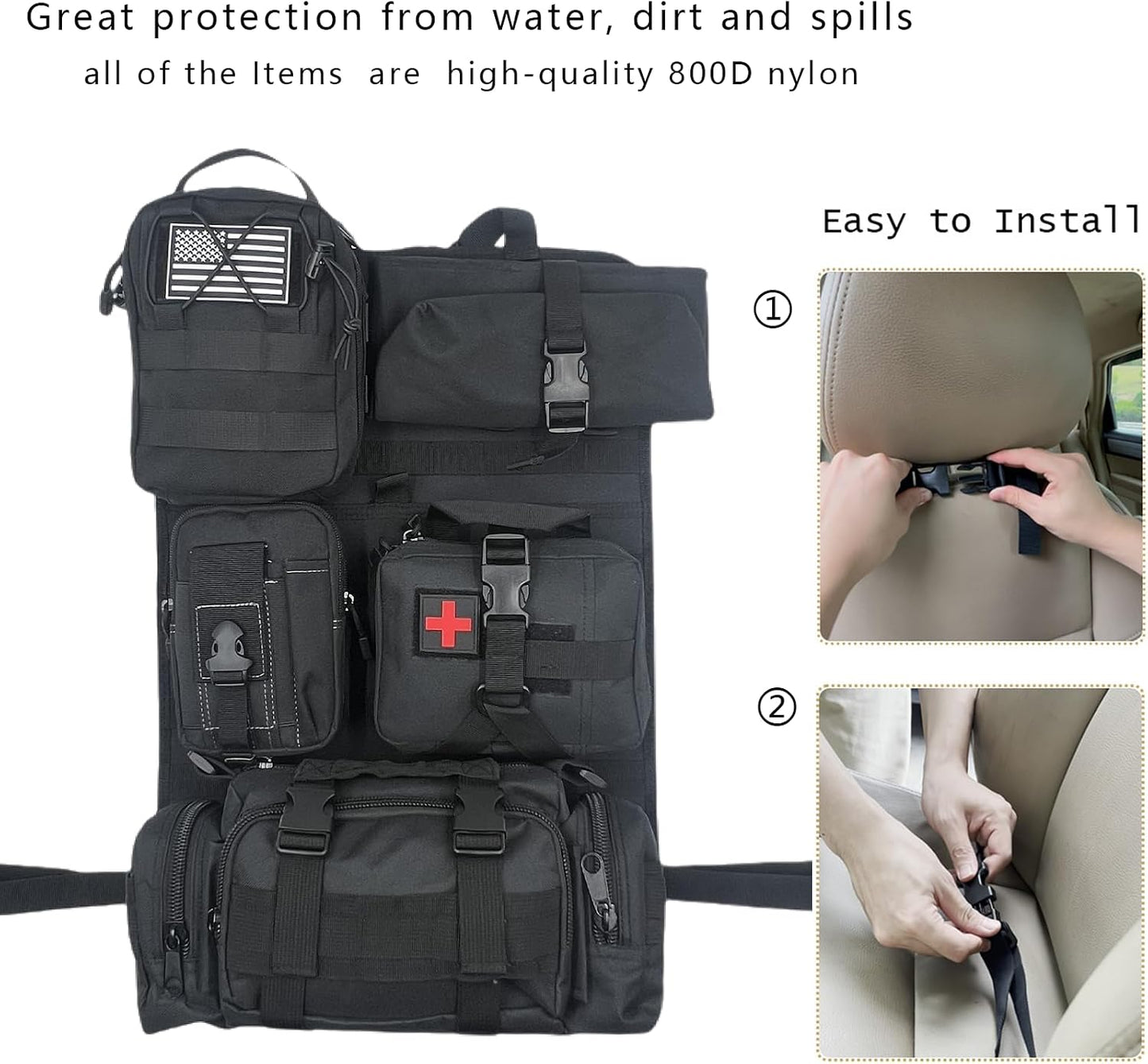 Organiz. respaldo asiento coche con 5 bolsas Molle negro