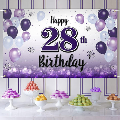 Cartel globo morado 28 años cumpleaños