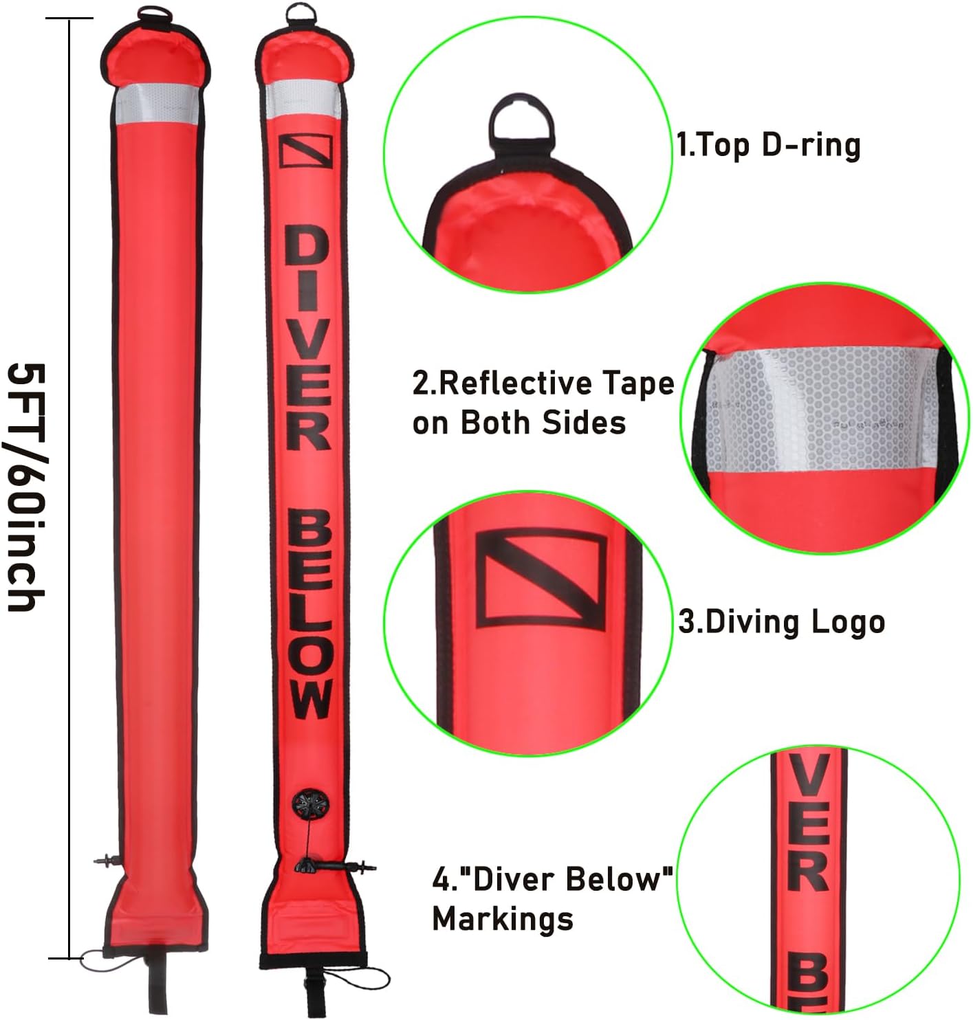 Tubo señal inflable 5ft con tira reflectante buceo