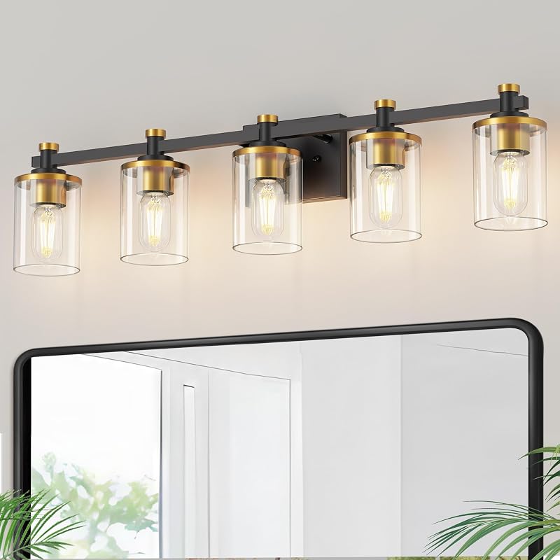 Lámpara baño 5 luces negra dorada vidrio transparente