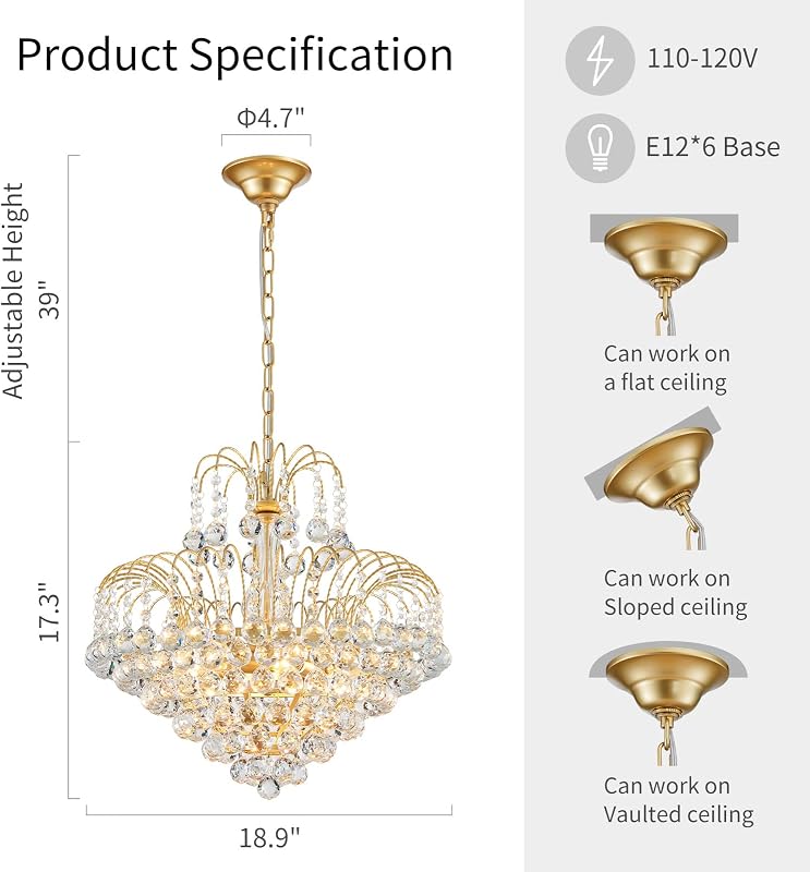 Lámpara araña cristal empotrado 17.3x18.9pulg dorado