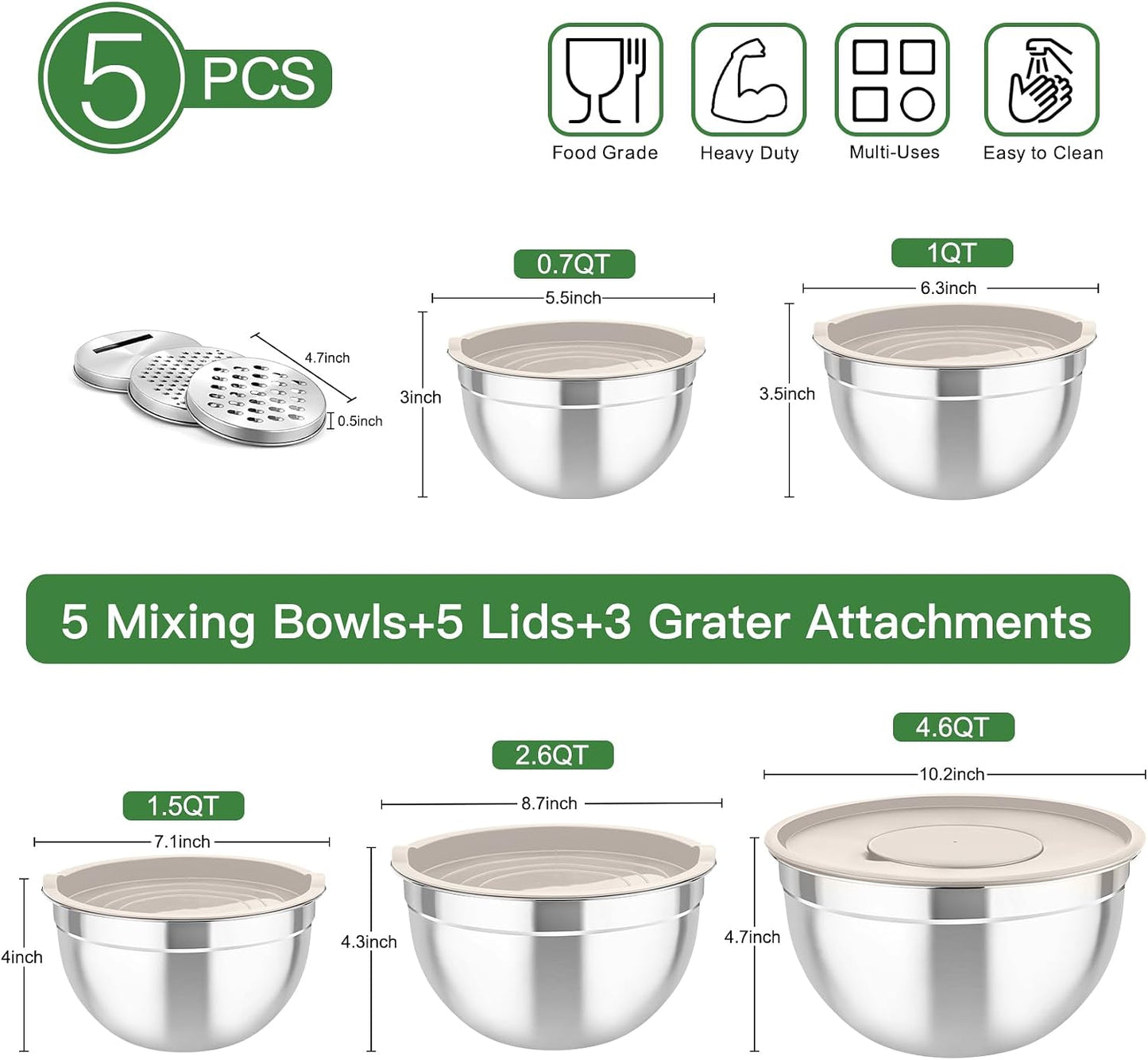 5 Cuencos Acero Inox con Tapas y Ralladores para Cocinar