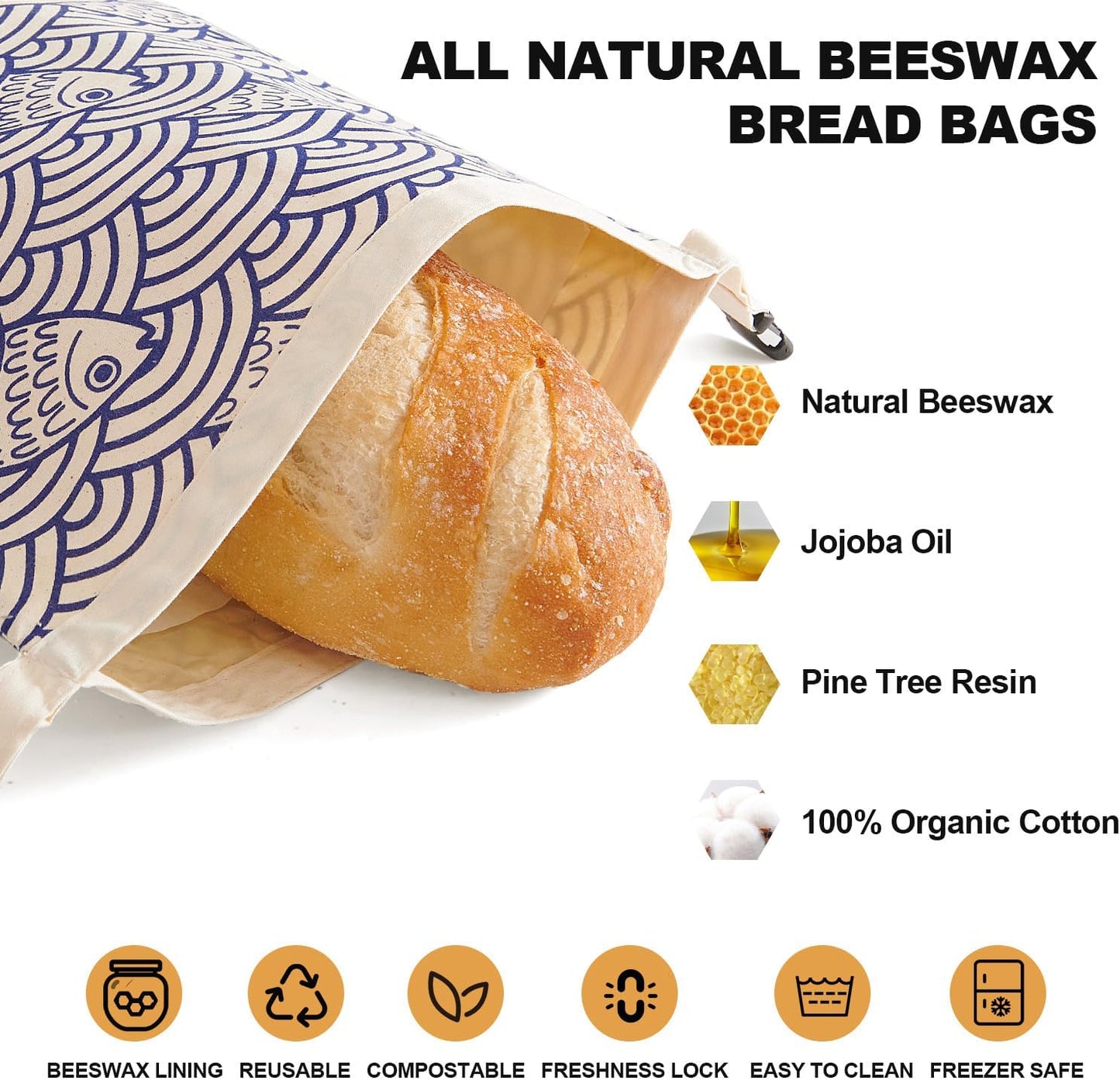 Bolsas pan cera abejas reutilizables algodón set 2