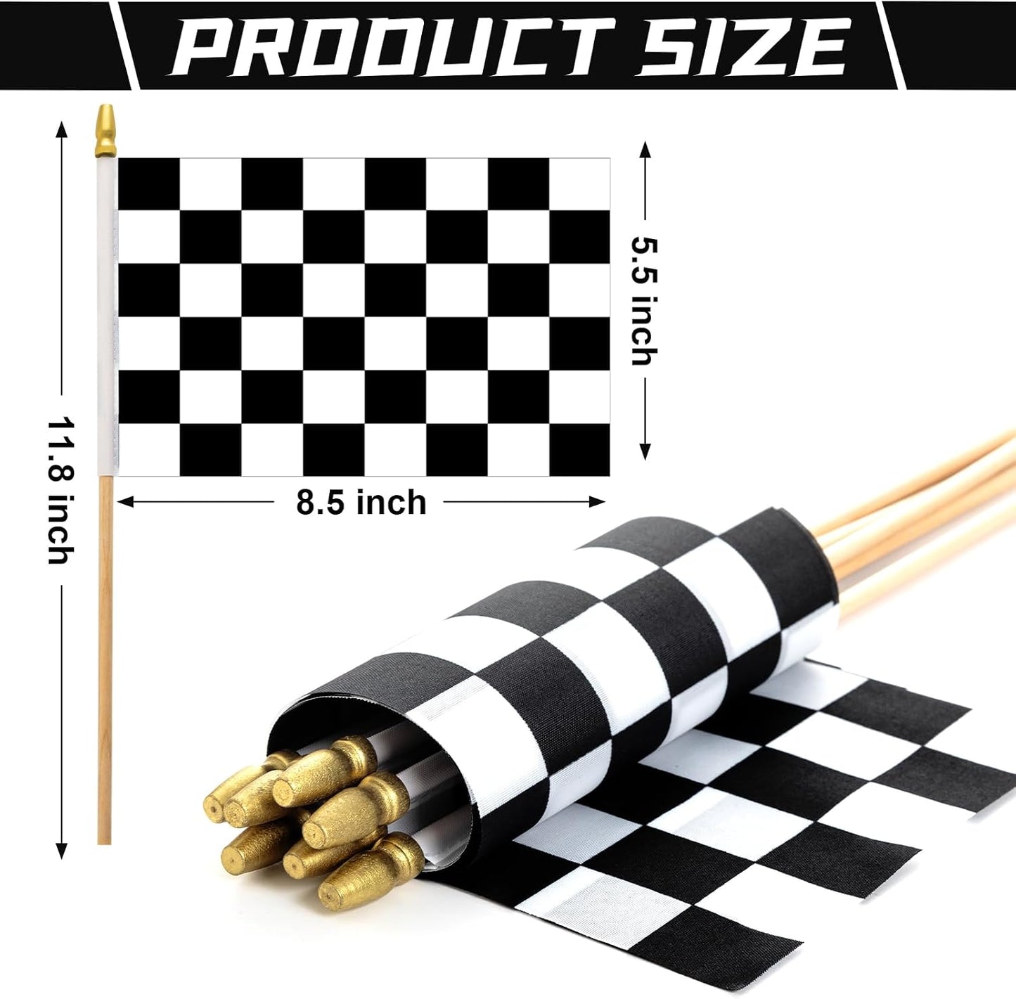 Banderas cuadros blanco negro con palos madera fiestas