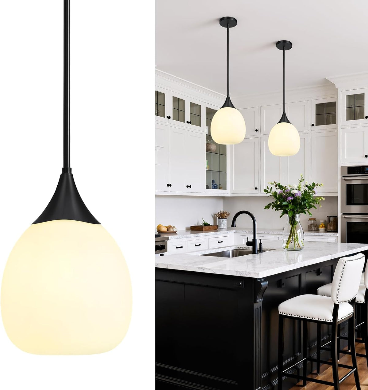 Lámpara colgante isla cocina negro mate globo vidrio 10pulg