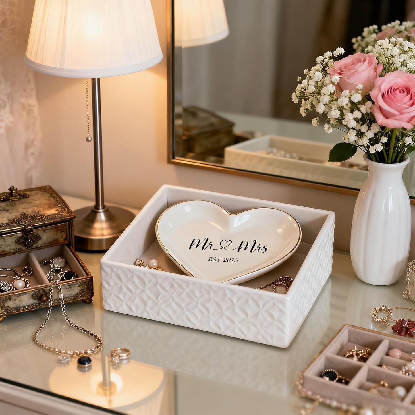 Bandeja cerámica para anillos de boda Mr & Mrs EST 2025