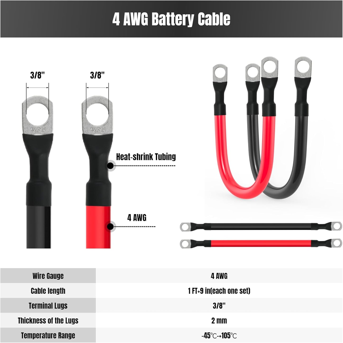 Cable batería 4 AWG con terminales 3/8" para solares
