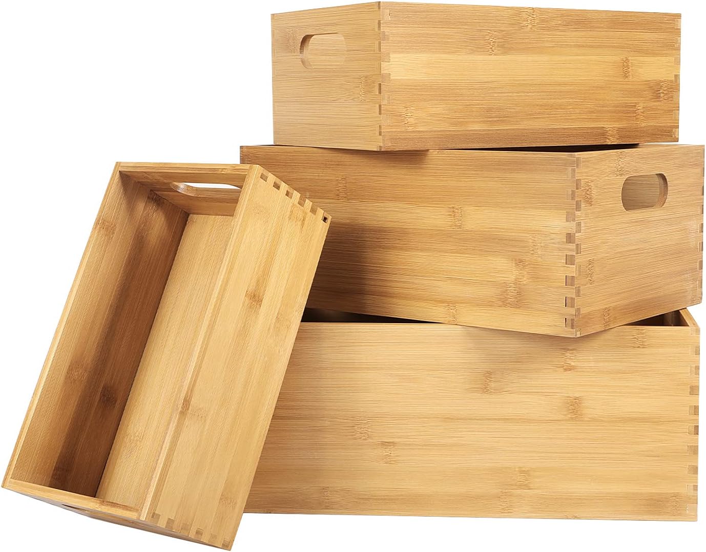 Set 4 cajas madera bambú anidables para almacenar estantes