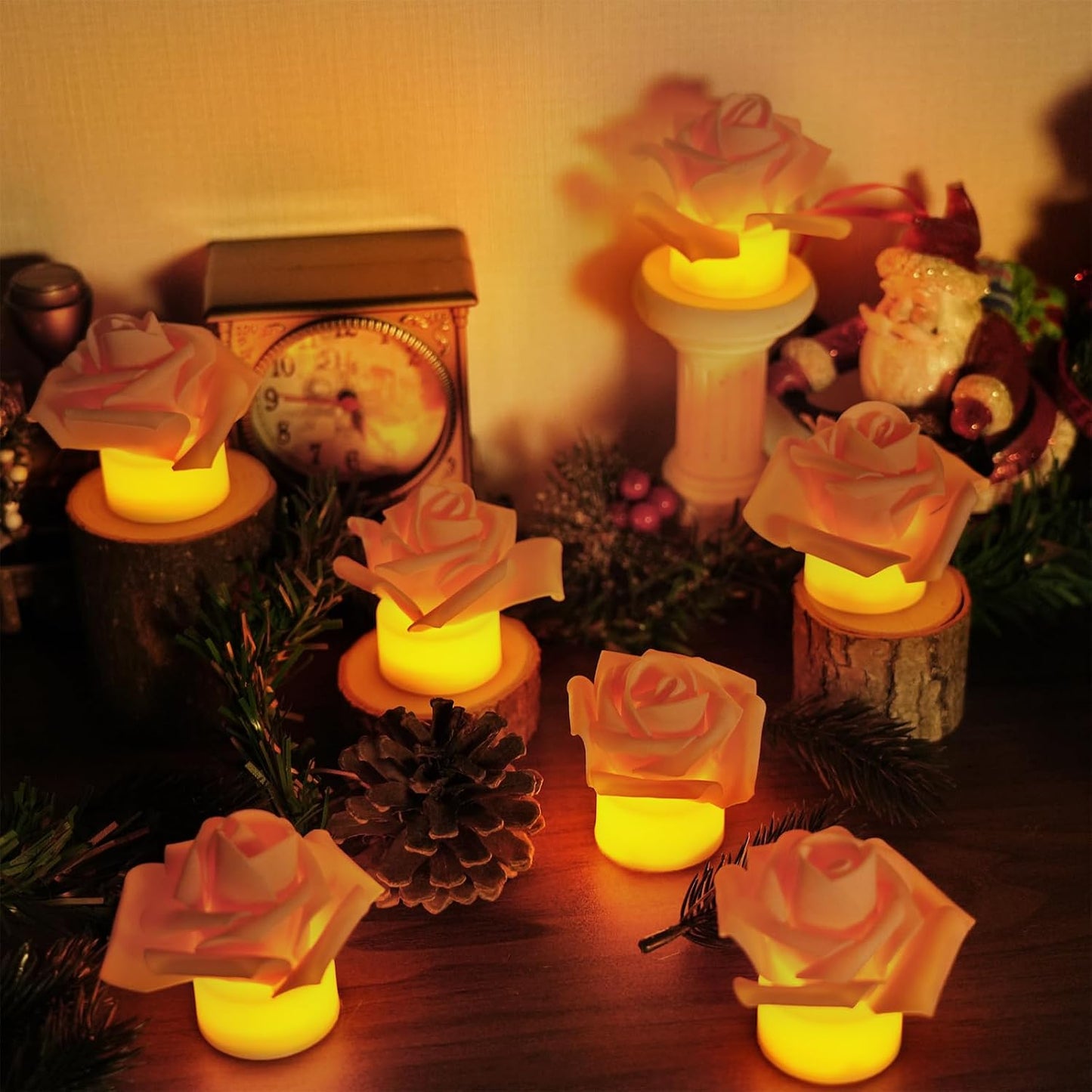 12 Velas LED con Flores Artificiales Rosa para Mesa Centrada