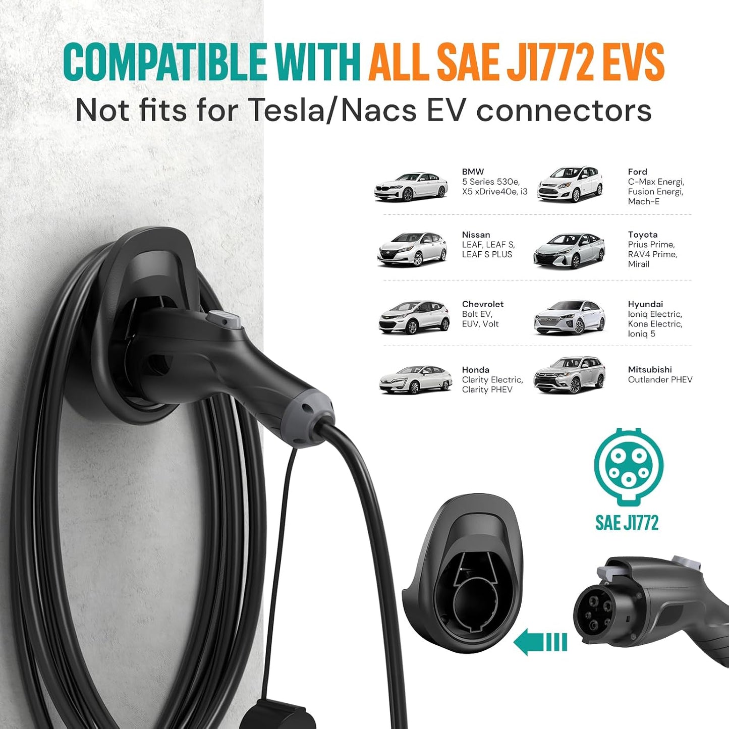 Soporte cable carga EV comp j1772 conector pared