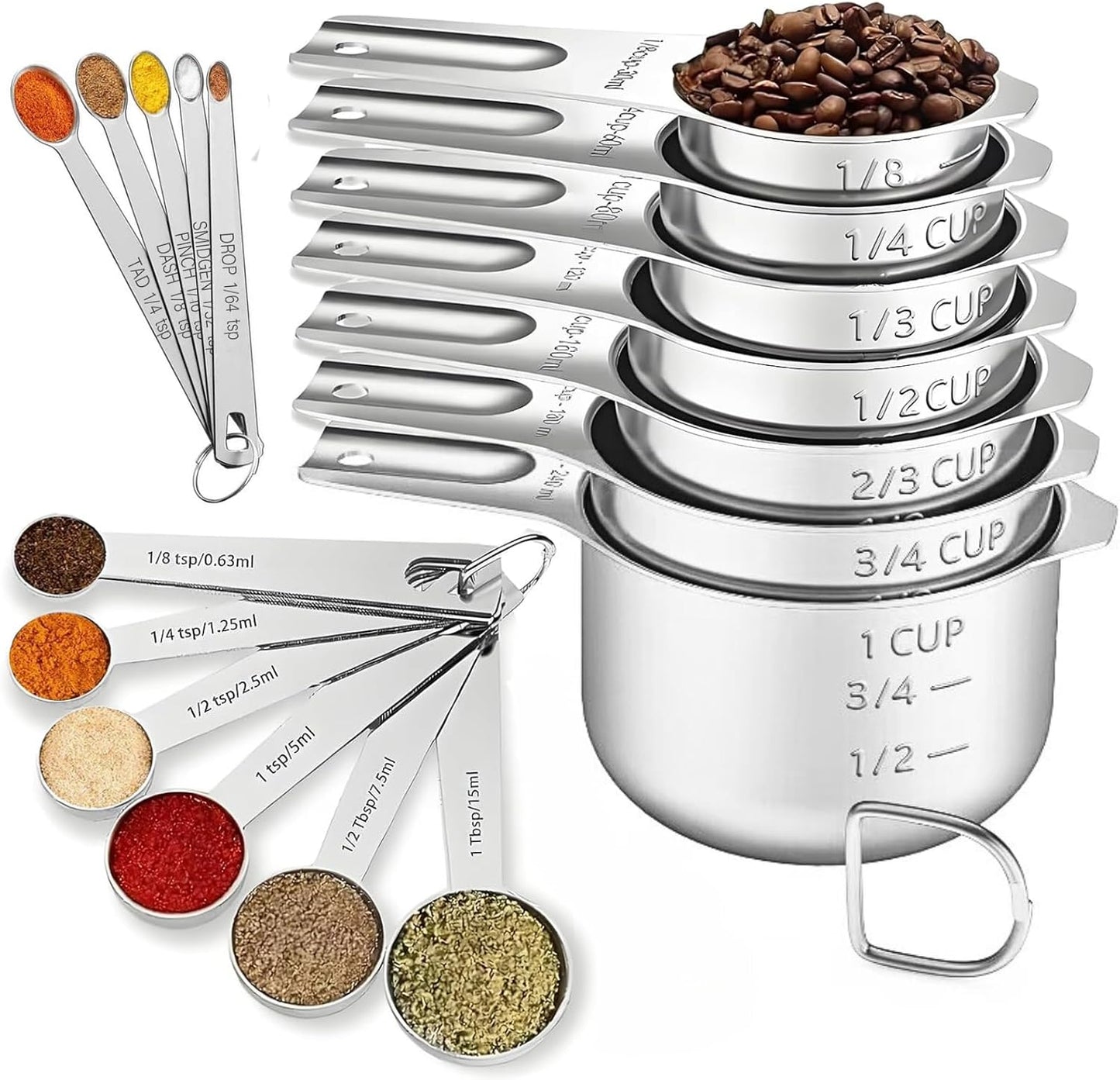 Set 18 Tazas y Cucharas Medidoras Acero Inox