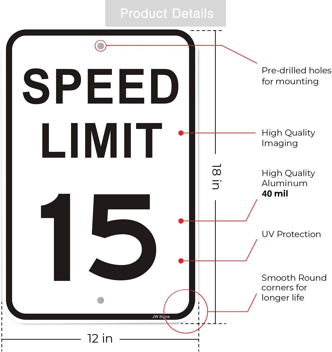 Señal límite 15 MPH pack 2 12x18pulg aluminio reflectante
