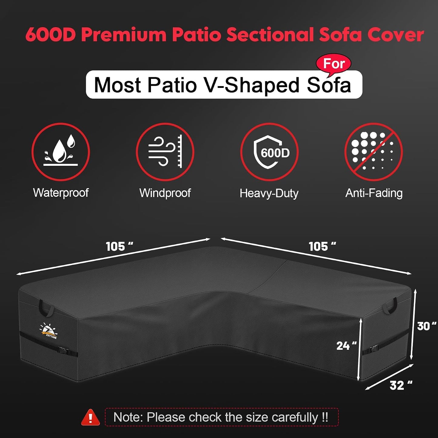 Funda seccional V sofá exterior 600D impermeable 105x105pulg