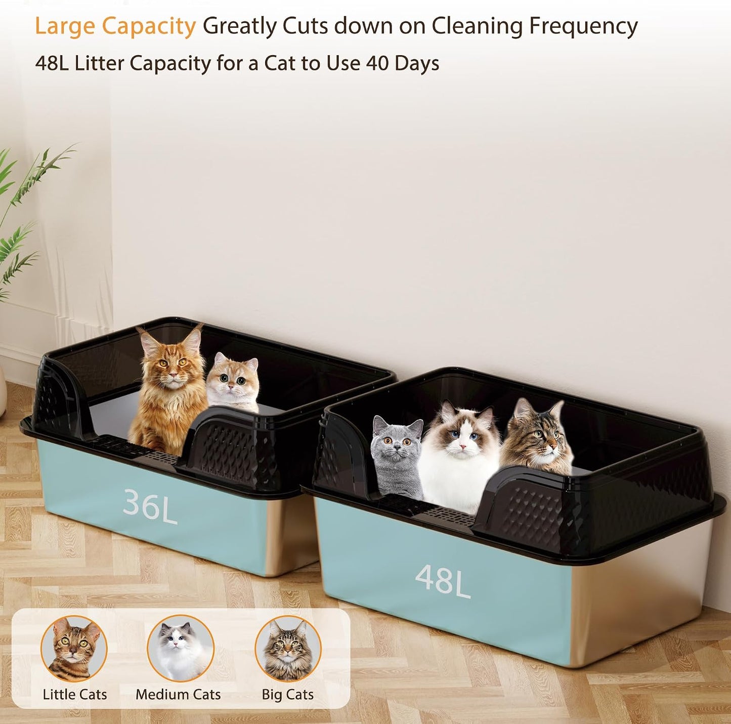 Caja arena acero inox tapa alta para gatos grandes