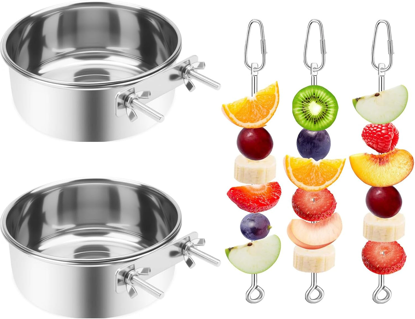2 Cuencos Comedero Pájaros 3 Soportes Alimentos Acero Inox