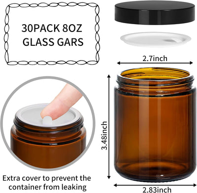 30 Tarros Vidrio Ámbar 8oz Tapas Negras Cosméticos