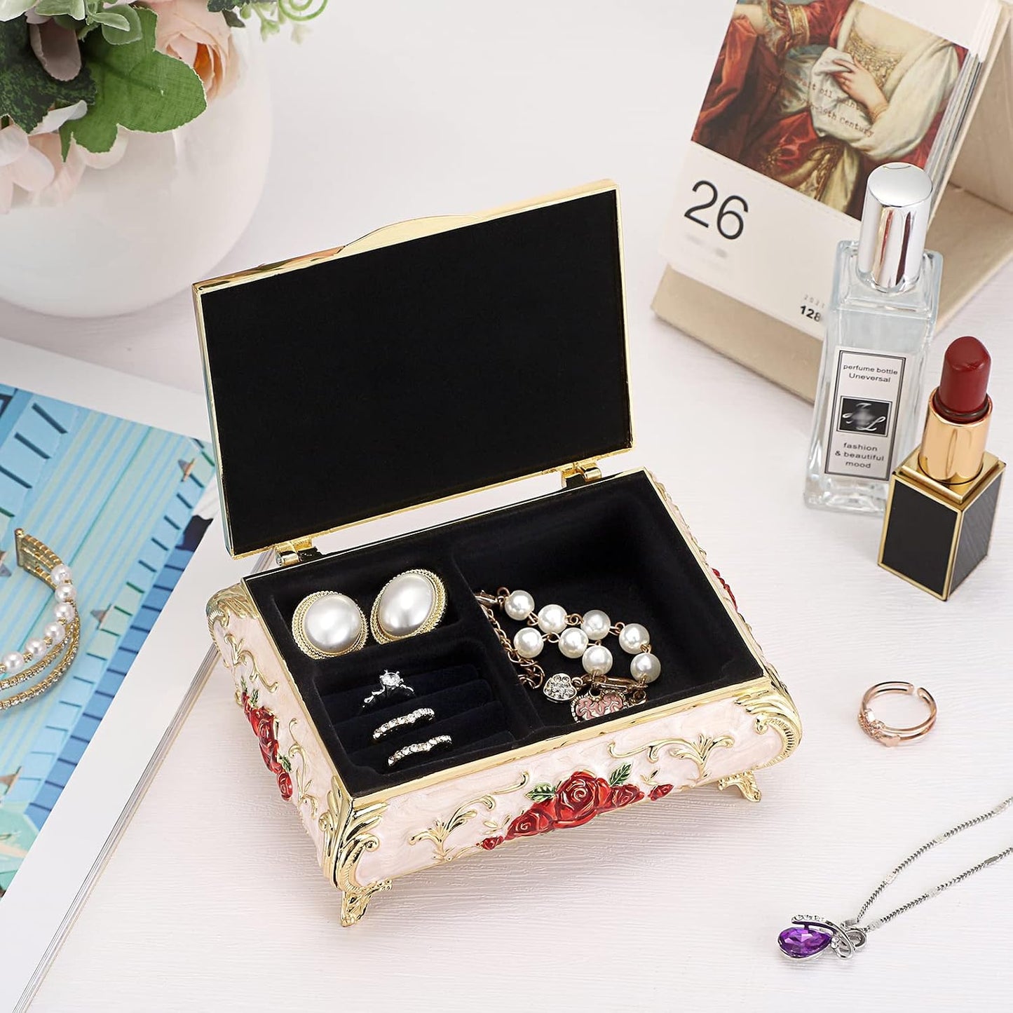 Caja joyas vintage organiz. anillos aretes collar