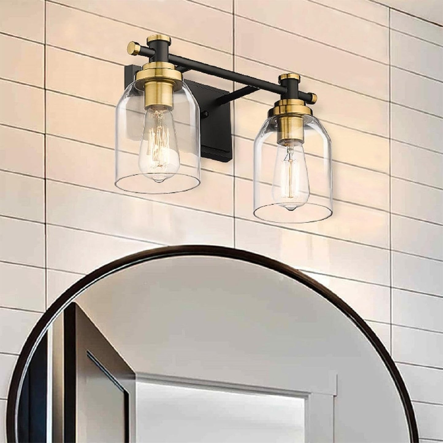 Lámpara baño 2 luces aplique negro dorado vidrio
