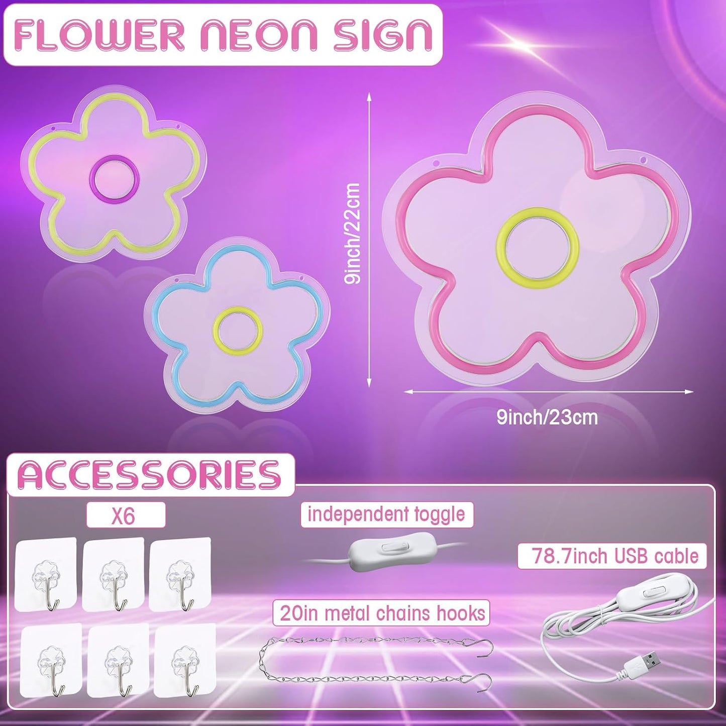 3 Letreros Neón Flores LED USB Decoración Pared Dormitorio