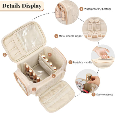 Bolsa maquillaje organizadora con compartimentos brochas y bolsillos blancas