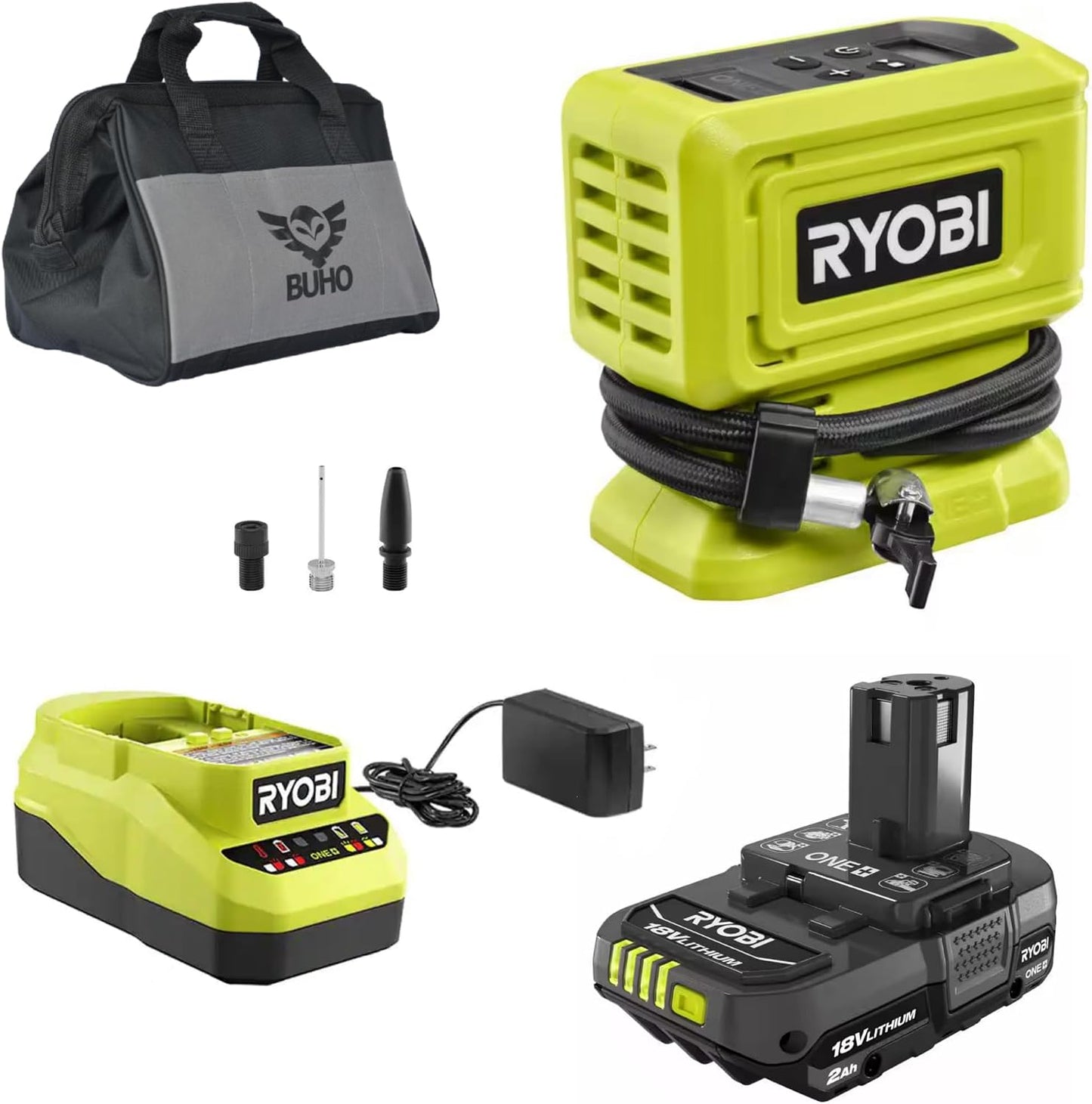 Pack accesorios inflador inalámbrico Ryobi 18V con cargador