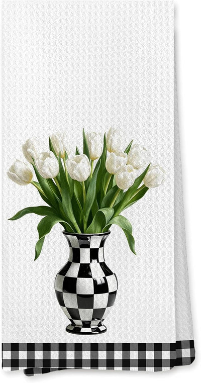 Toallas de cocina florales de tulipanes blancas con flores silvestres