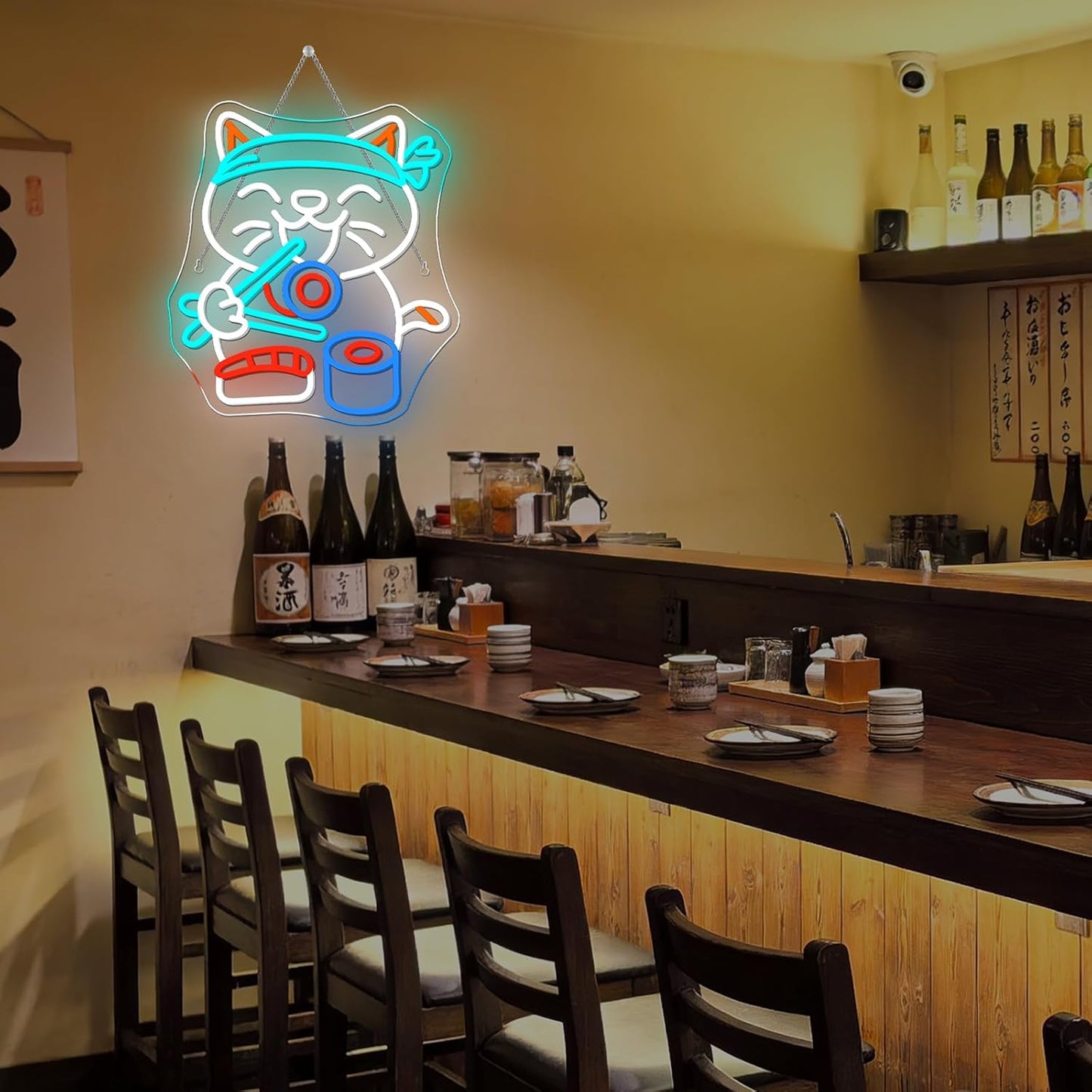 Señal LED de gato sushi comiendo para cocina y fiesta