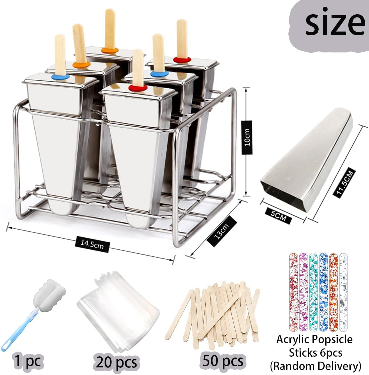 Set 6 Moldes Acero Inox para Paletas con 50 Palos y Bolsas