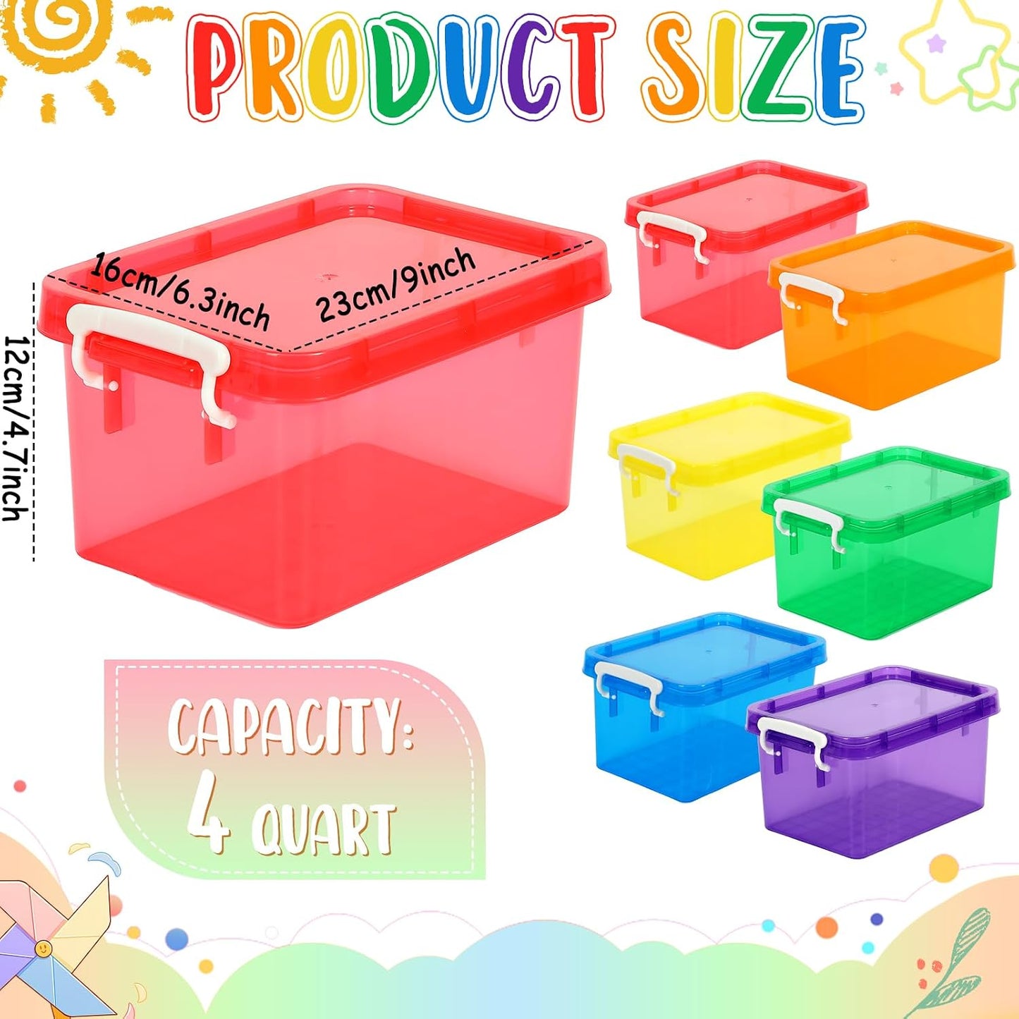 6 Contenedores Plástico 4qt Coloridos con Tapas Apilables