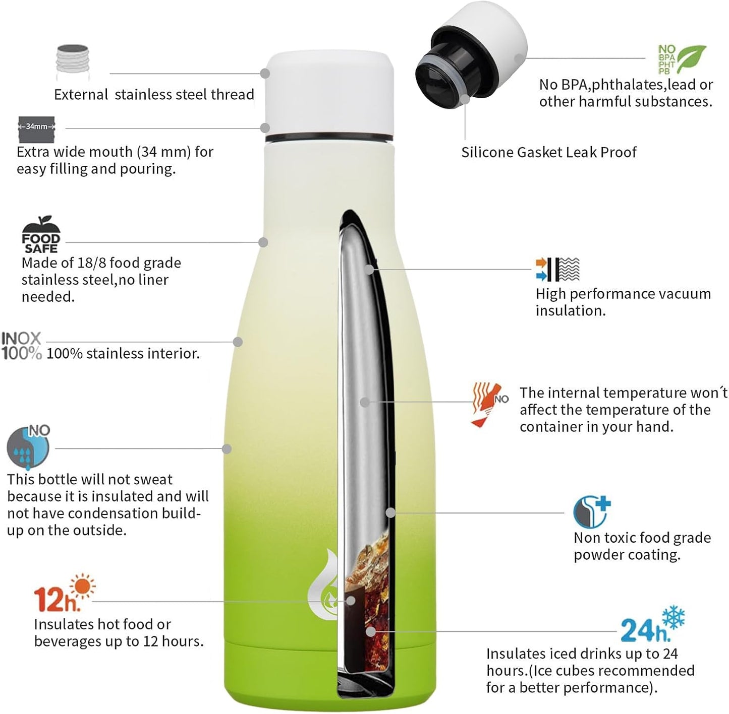 Botella agua acero inox 12oz térmica color verde