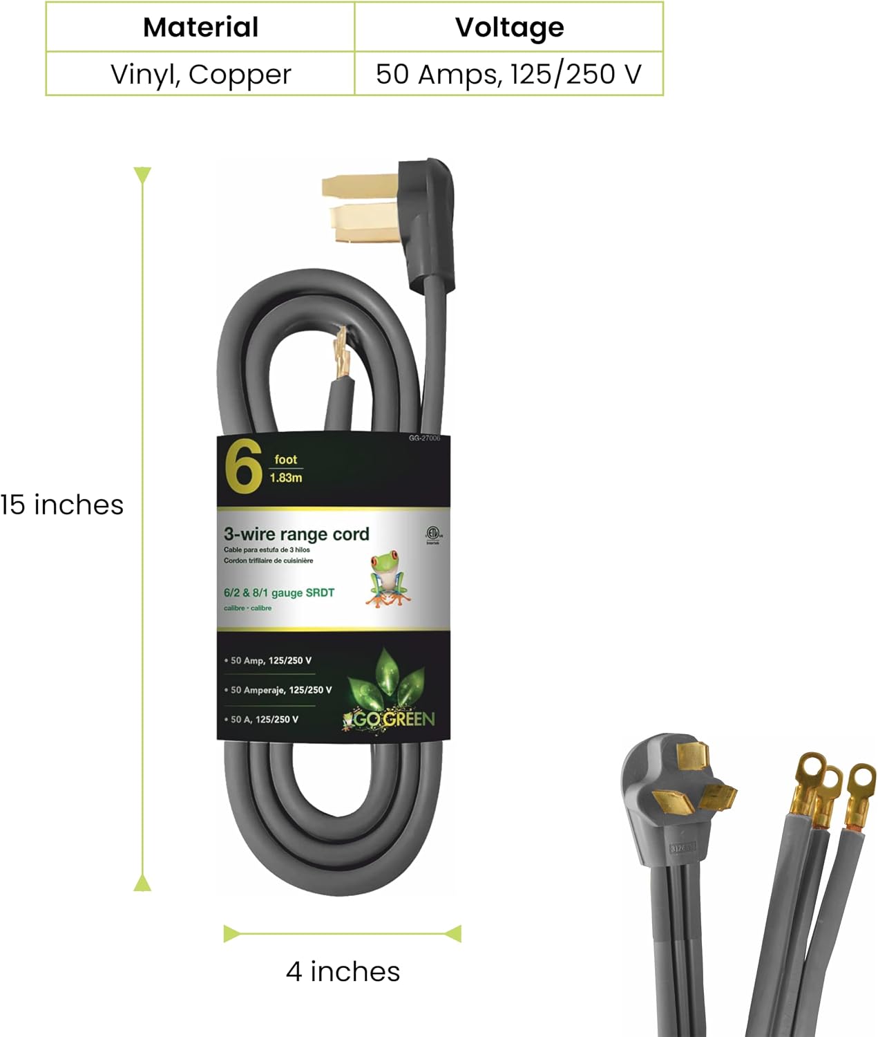 Cable 3 alambres 50A 1.83m GoGreen Power GG-27006