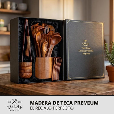 Set 30 Pzas Utensilios Madera Teca Caja Regalo