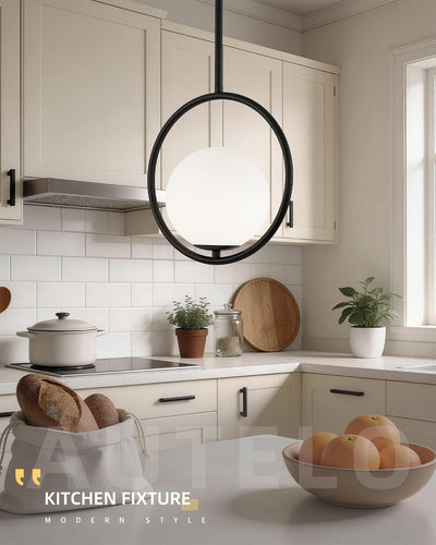 Lámpara colgante isla cocina vidrio negro mate globo blanco lechoso