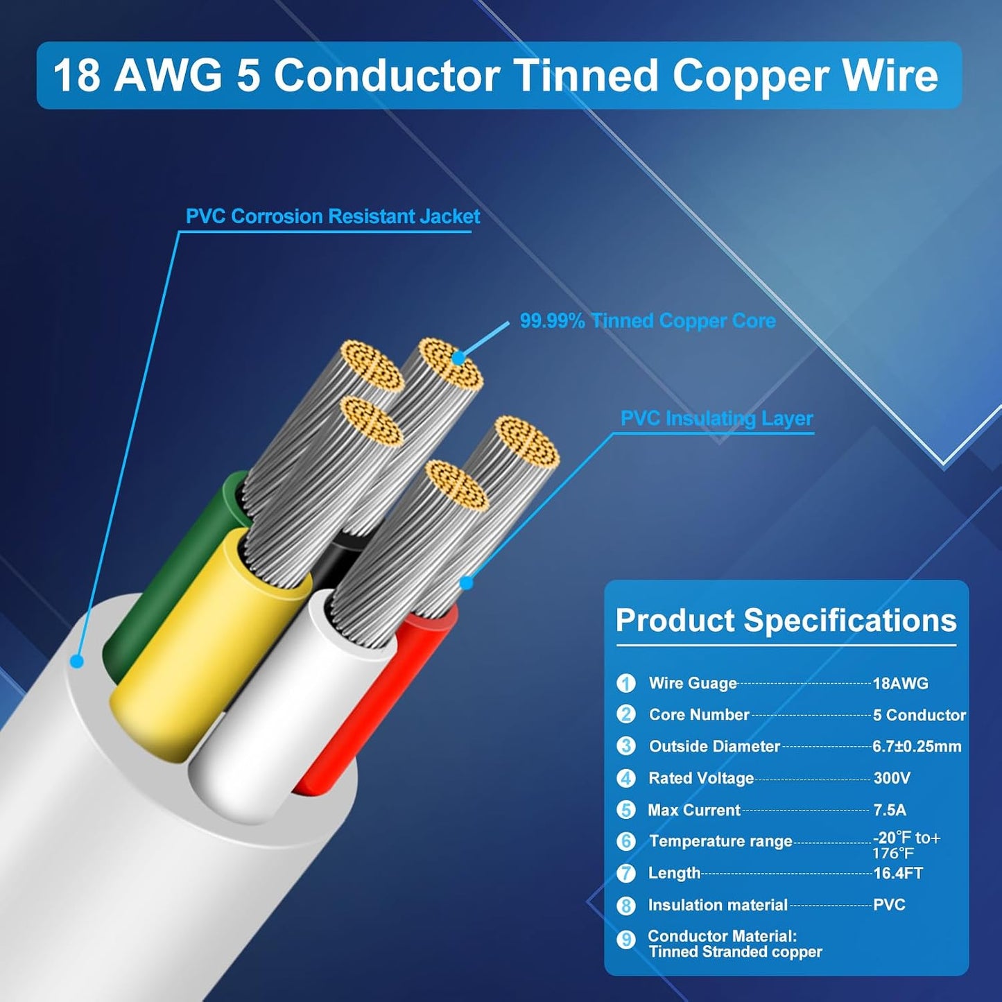Cable eléctrico 18/5 cobre estañado trenzado 16.4pies
